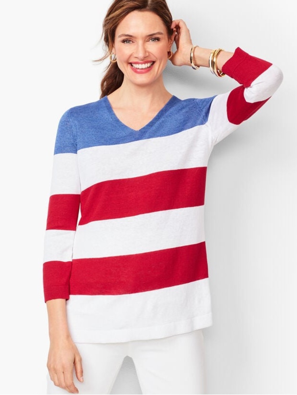 Talbots Striped V-Neck Sweater in Red, White & Blue